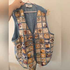 Vintage Cottagecore Patchwork Denim Vest with Colorful Patterns